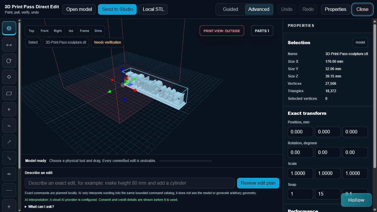 3D Print Pass editing workspace with natural-language edit planning and bounded AI controls